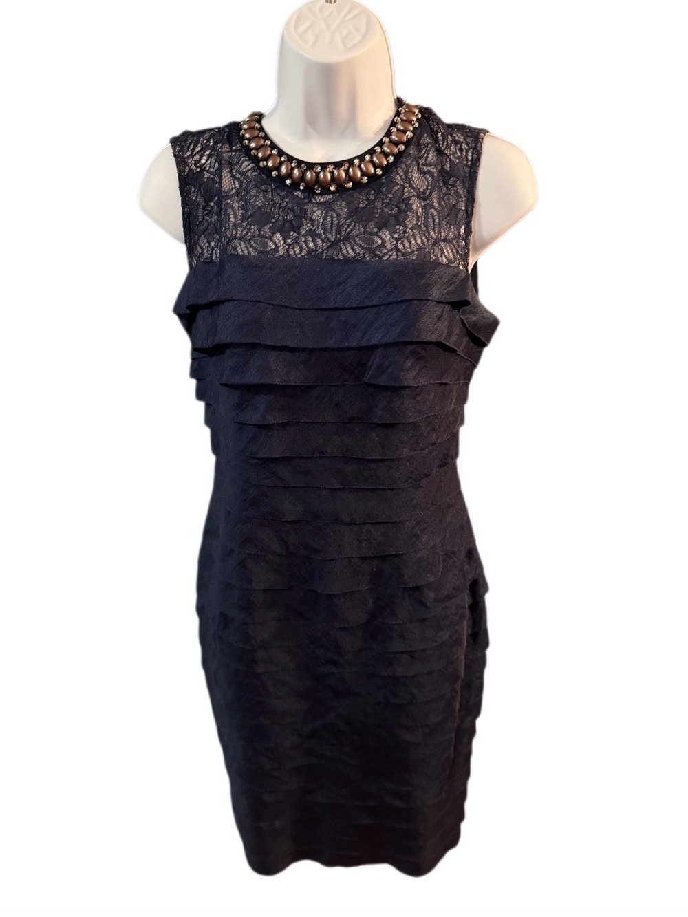 London Times Navy Lace Ruffle Sheath Dress